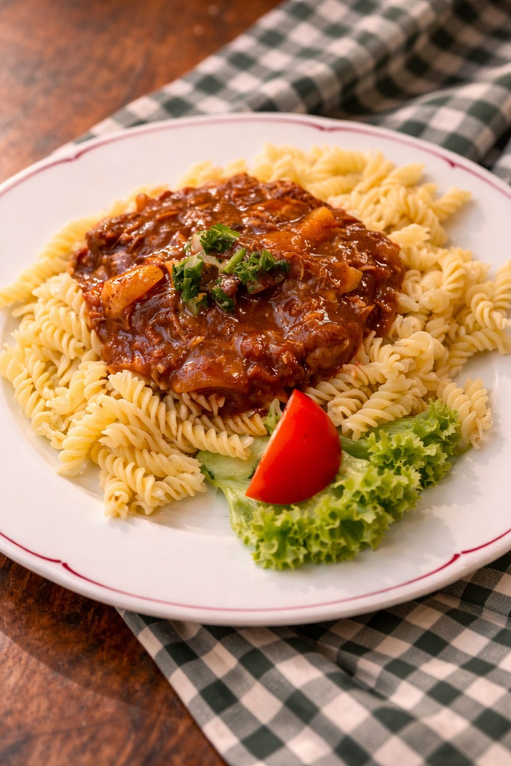 Hausgemachtes Rindergulasch mit Spirelli